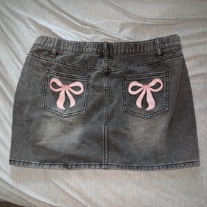 Gray Denim Skirt with Pink Bow Accents